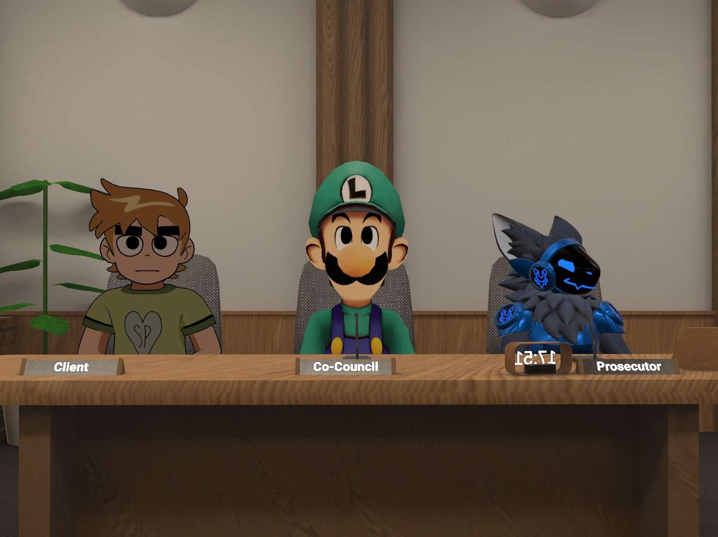 a closeup of the prosecutor's side, starring scott pilgrim, luigi, and a blue protogen. the protogen is the prosecutor, luigi is the co-council, and scott is the client who is bored out of his mind