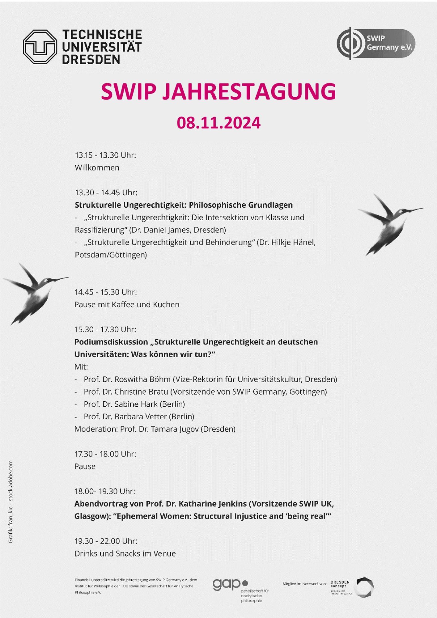 Programm SWIP Jahrestagung, von 13:15 bis 22:00 Uhr.