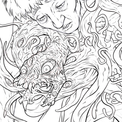 Line art from a body horror comic work in progress, showing a many eyed tendril monster erupting from a man's torso.