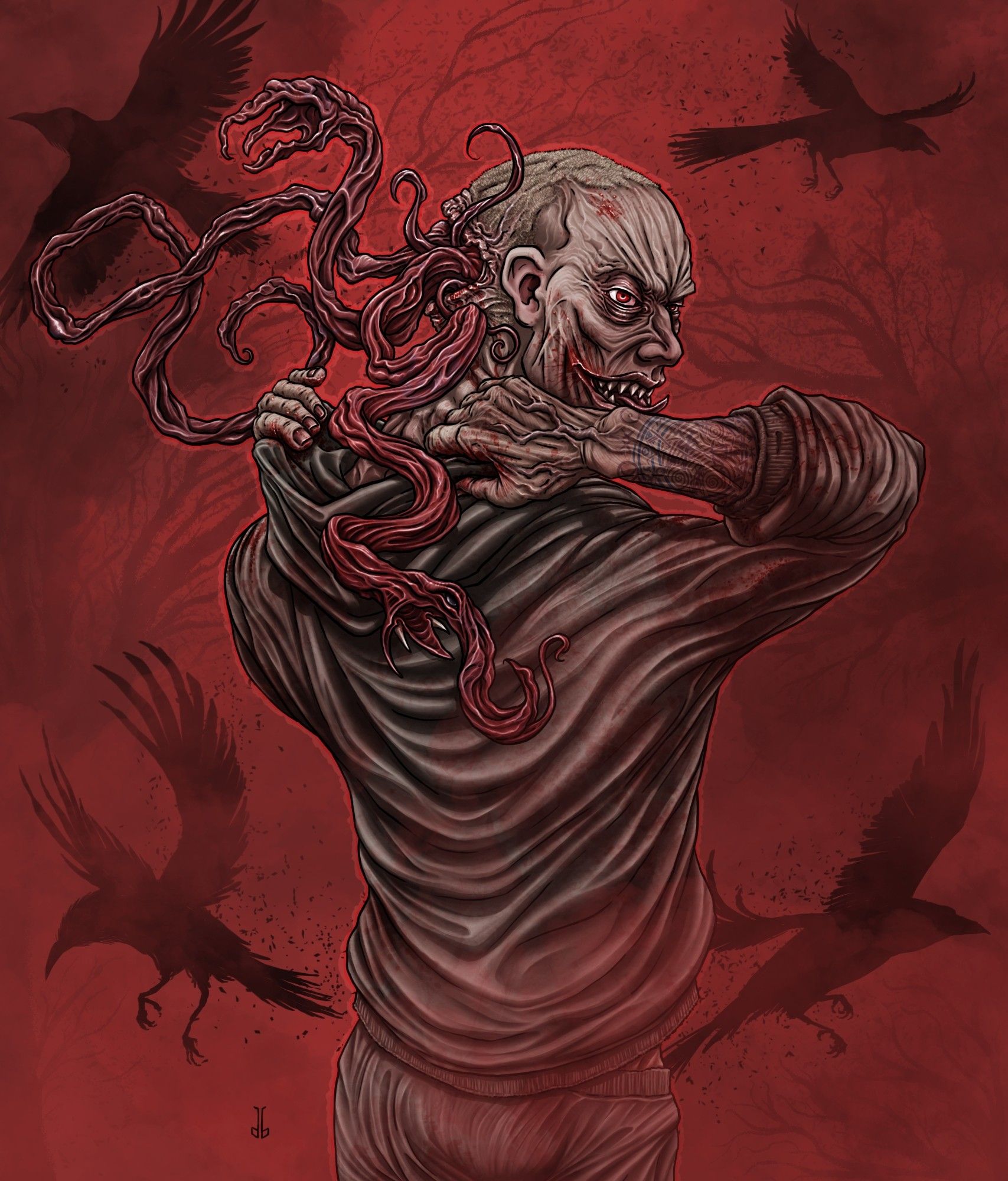 Digital illustration of a man with monstrous tendrils coming out of the second mouth in the back of his head. Crows fly away from him in the red background.