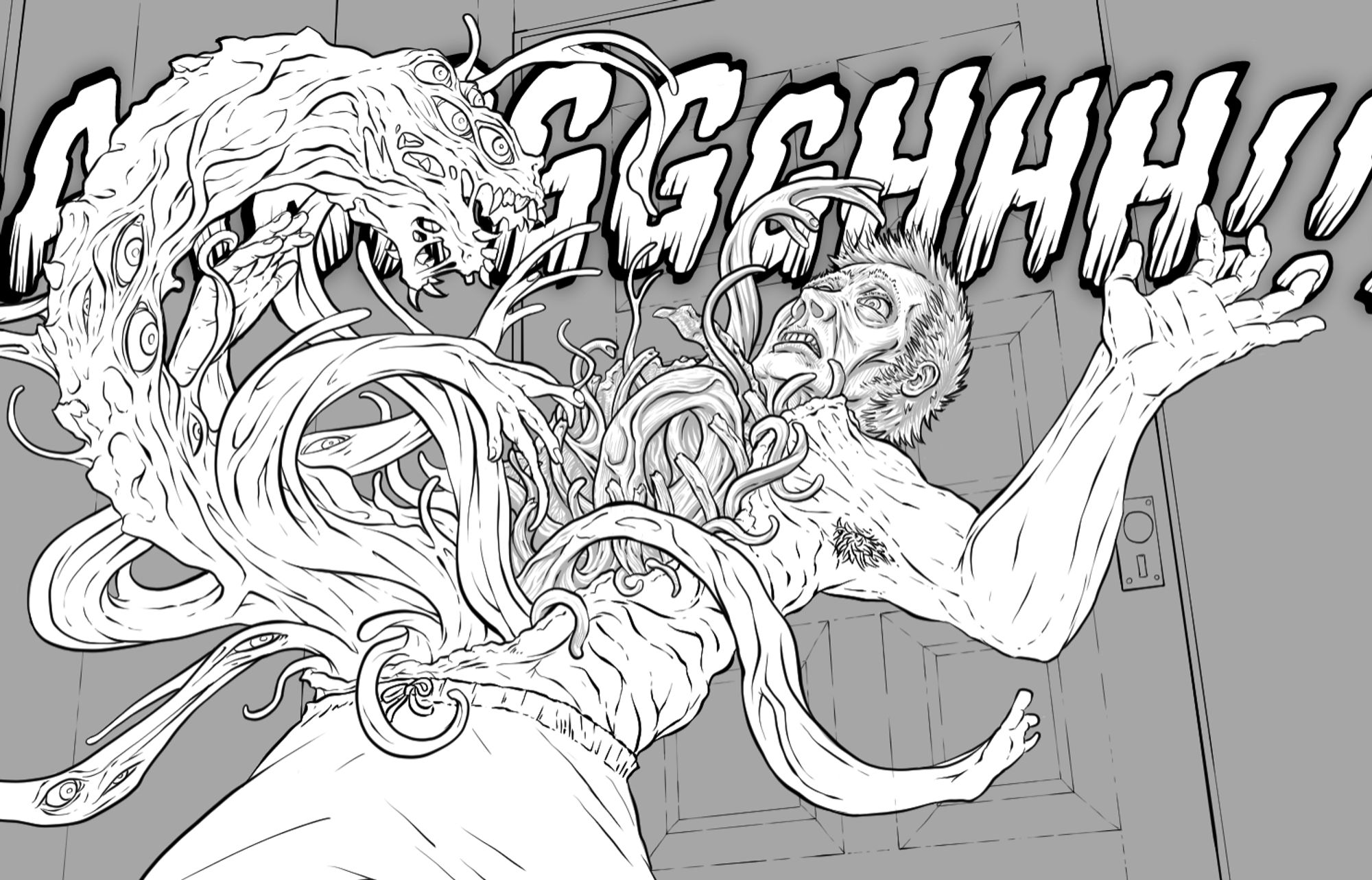 A work in progress comic panel showing a goopy tendril monster erupting out of a man's torso. He does not look pleased.