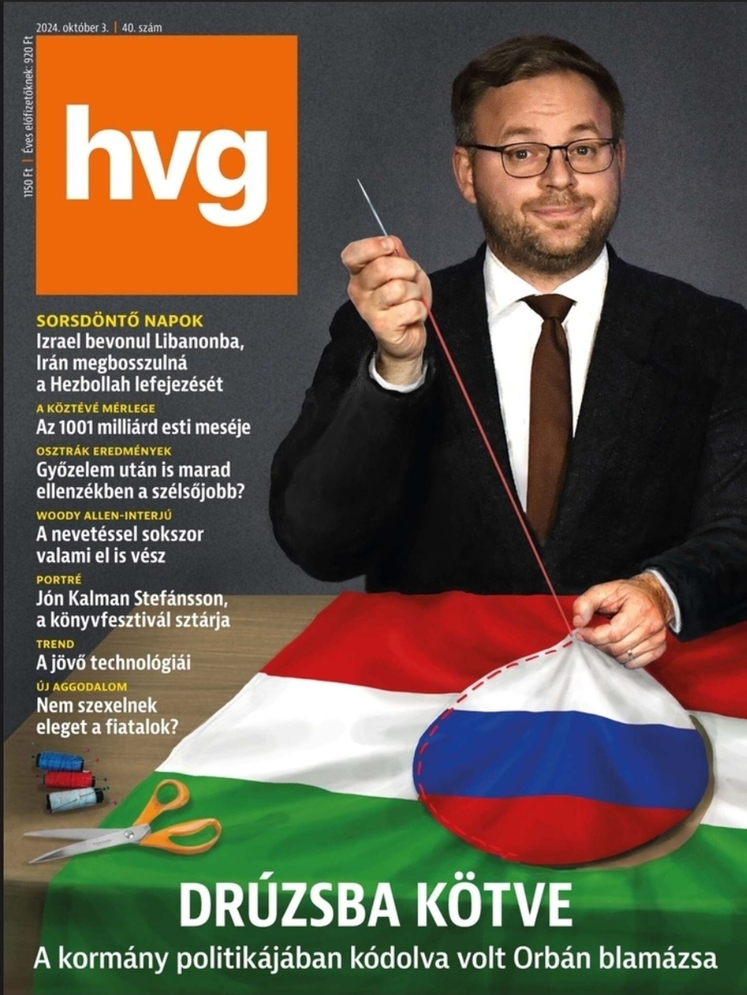 A print HVG címlapja 2024. október 3-án: „Druzsba kötve — A kormány politikájában kódolva volt Orbán blamázsa”