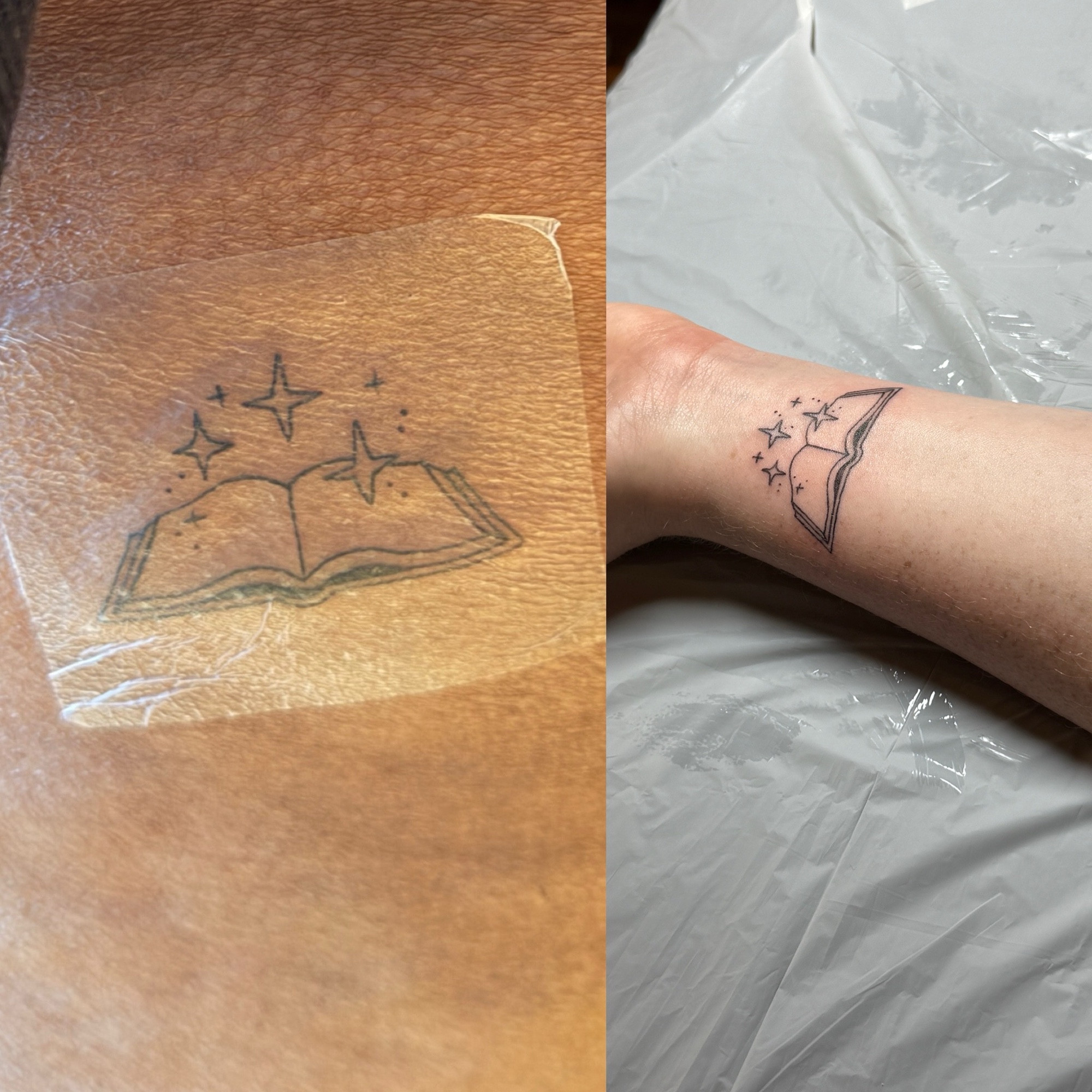 The same tattoo of an open book with stars above it on Allie’s brown skin on the left, and Beth’s white wrist on the right