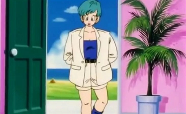 Bulma in a white suit jacket, blue top and white shorts