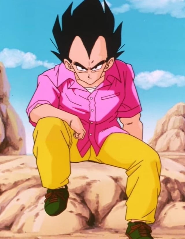 Vegeta in a pink button up shirt, yellow slacks and green shoes