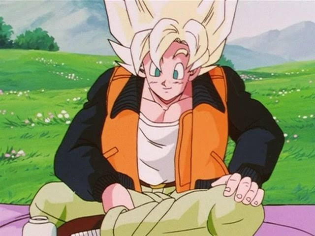 Goku wearing a black and orange leather jacket with a white tank top and kinda beige pants 