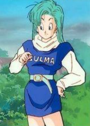 Bulma in a blue dress that says her name on it with a belt and a chunky white sweater underneath it