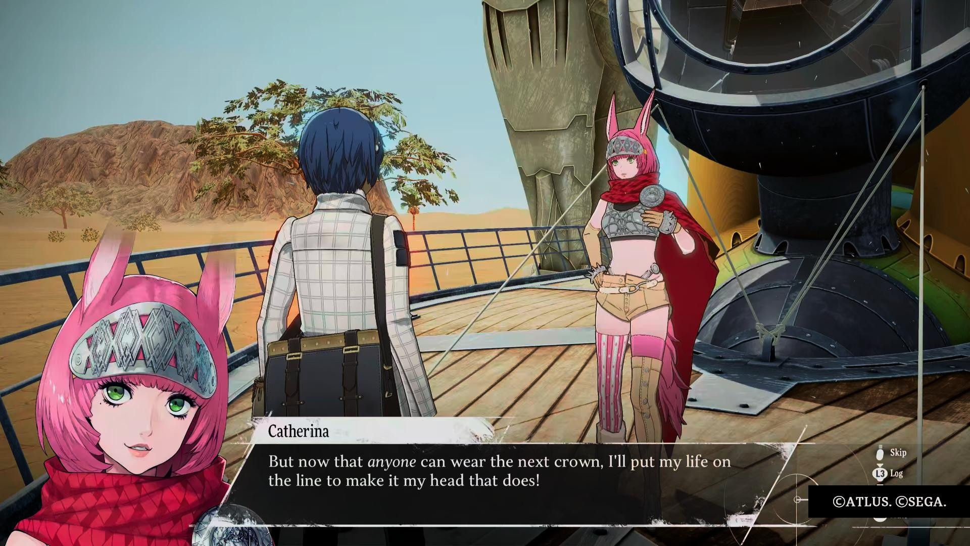 A screenshot from Metaphor showing Catherina, a papirus bounty hunter with a red cape, pink hair and ears and scant armor saying "But now that anyone can wear the crown, I'll put my life on the line to make it my head that does."