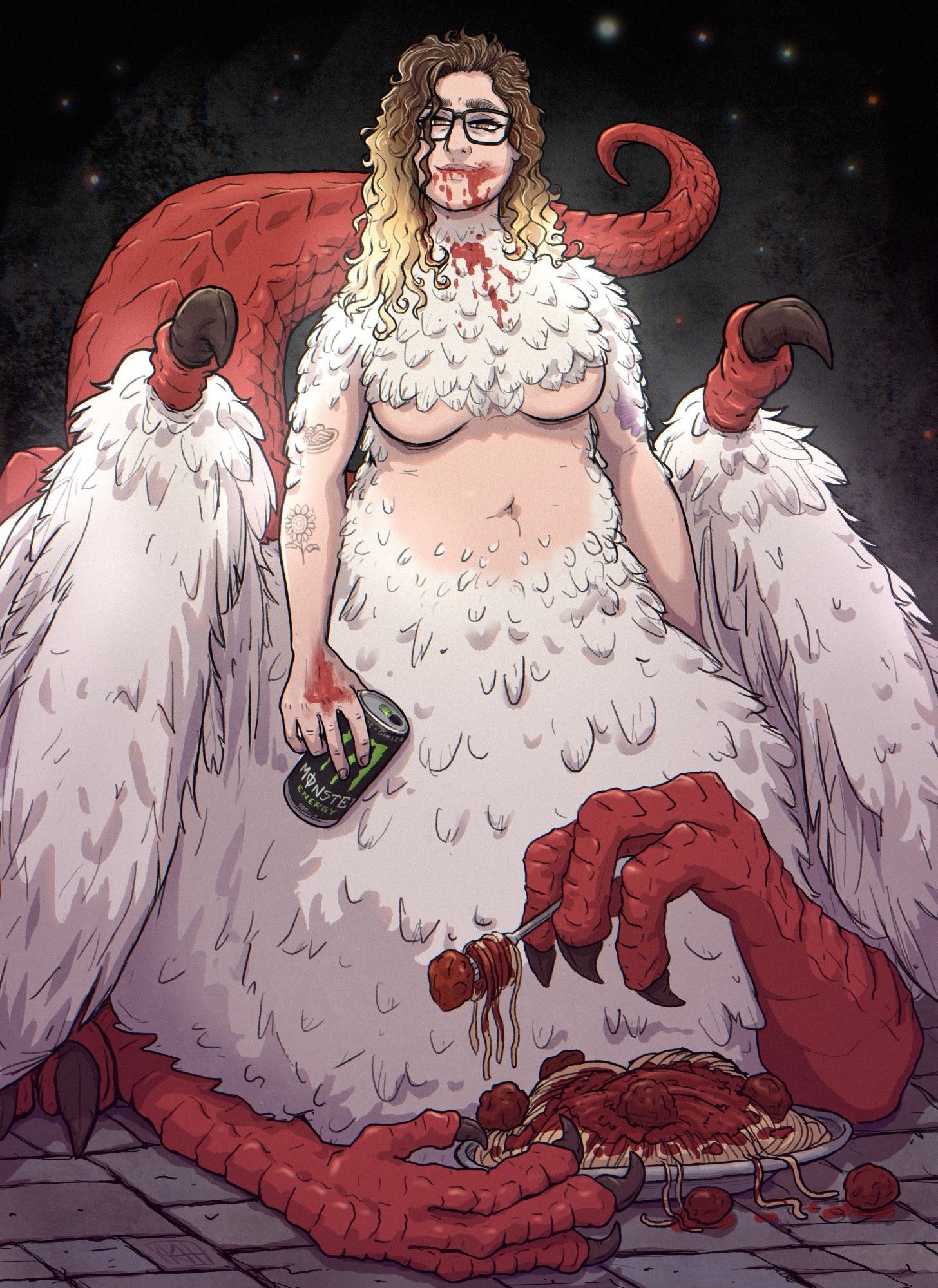 A portrait of me, Zoe, in the style of Chimera Falin from Delicious in Dungeon so my torso is mostly human with some feathers but my lower half is a massive feathered dragon body with scaly red dragon legs and it looks like I'm covered in blood but actually I'm eating a giant bowl of spaghetti and meatballs while holding a monster