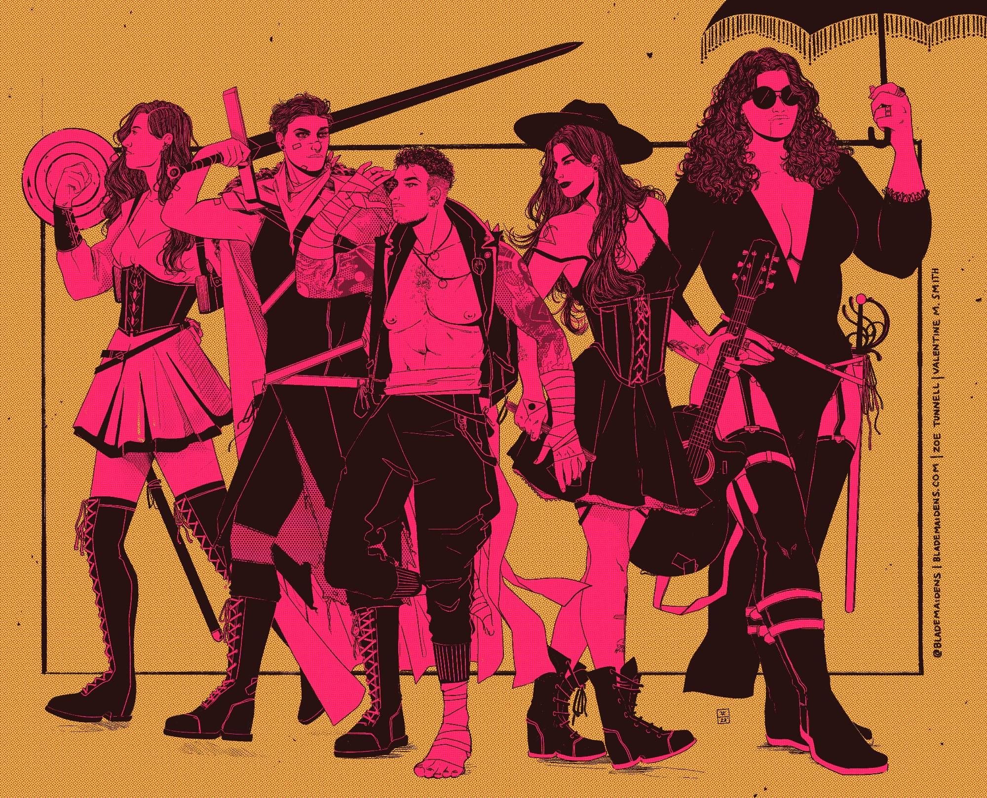 A cast line-up of The Blades, our main cast. From left to right: Rowan Lilaceae, Ser, Eldridge Miller, Melody Havensbrook and Captain Vivienne Vernier.