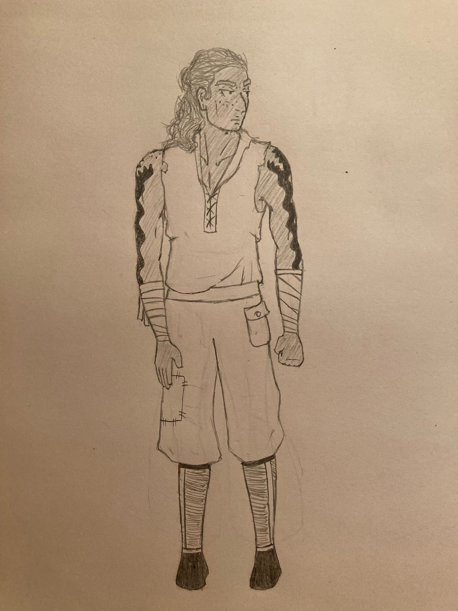 Traditional artwork of a buff, tall man with tan skin, dragon tattoos up his arms, his red hair half up-half down, and shoddy clothing befitting of a pirate.