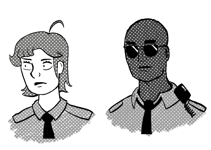 Digital art portraits of a couple of police officers, one woman and one man.