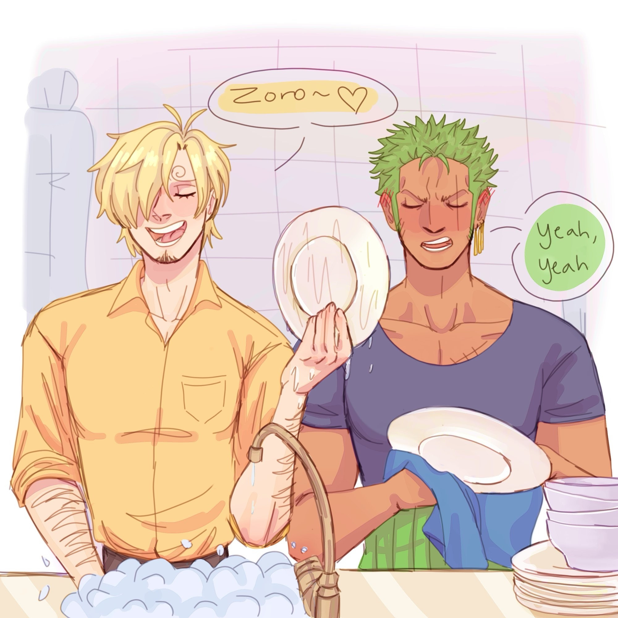 Digital drawing of Sanji and Zoro from One Piece standing side by side doing the dishes together.
On the left, Sanji is cleaning the dishes in the sink. He is holding out a wet dish to Zoro, playfully calling his name to get his attention.
One the right, Zoro is drying the wet dishes Sanji hands him. He is a little flustered by Sanji calling his name like that. He responds with a simple "yeah, yeah"