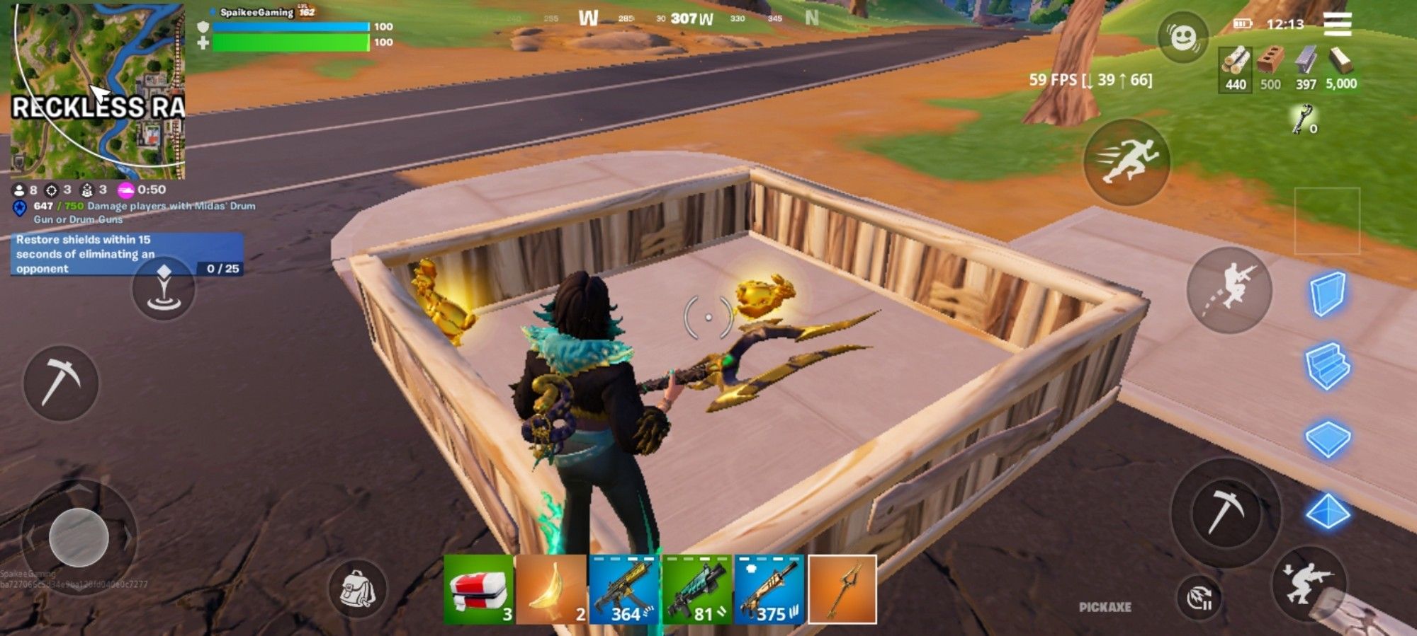 Two golden chickens in a small wooden pen in Fortnite