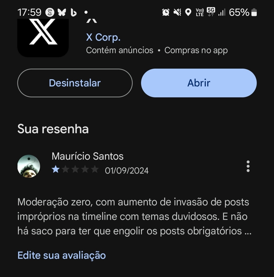 Minha avaliação negativa do X no Google Play