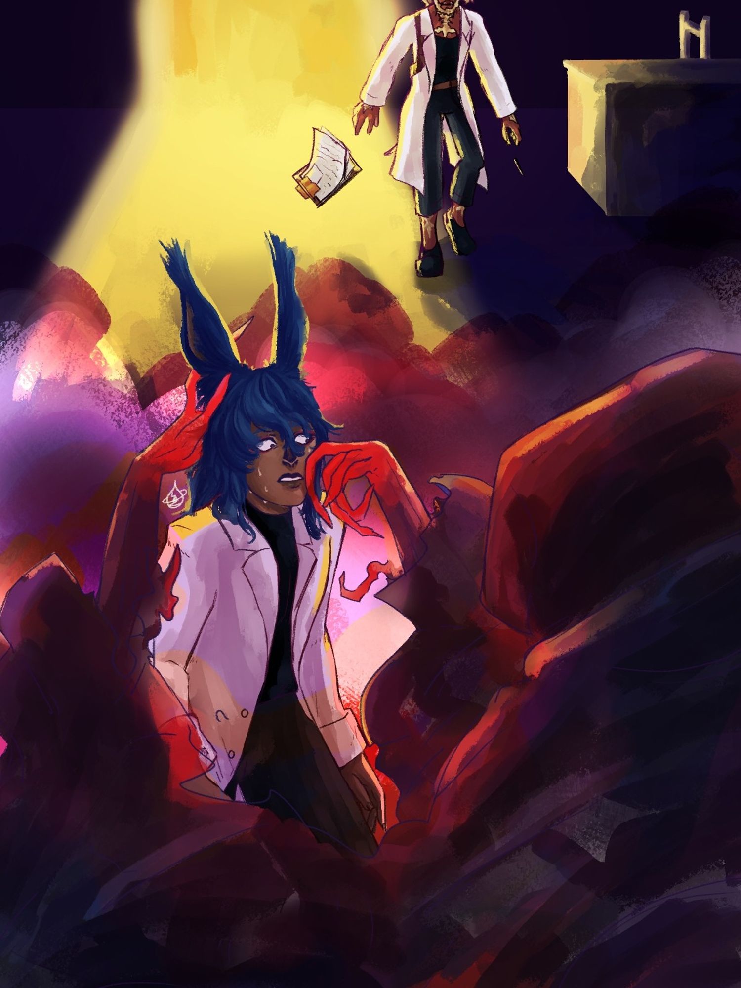 A dark skinned, blue haired viera man in a lab coat is standing frozen in fear, sweat rolling down his cheeks as a cloaked creature with long red fingers caresses his face and head. In the background, an Au Ra man drops his pen and clipboard as he's about to rush over to help.