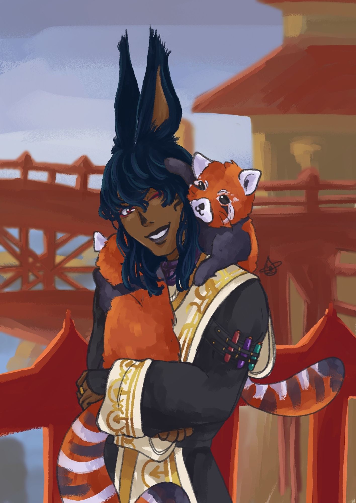 A blue haired viera smiling as he holds two red pandas. He has brown skin and pink eyes with pink eyeshadow, and dark lips.