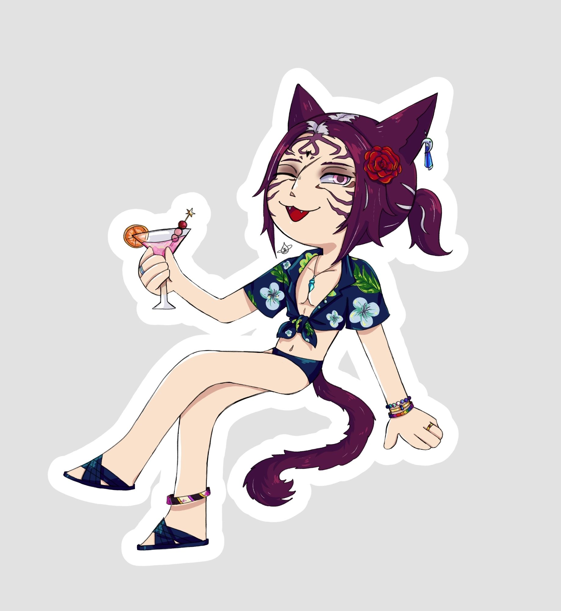 Miqo’te with purple hair holding a pink drink