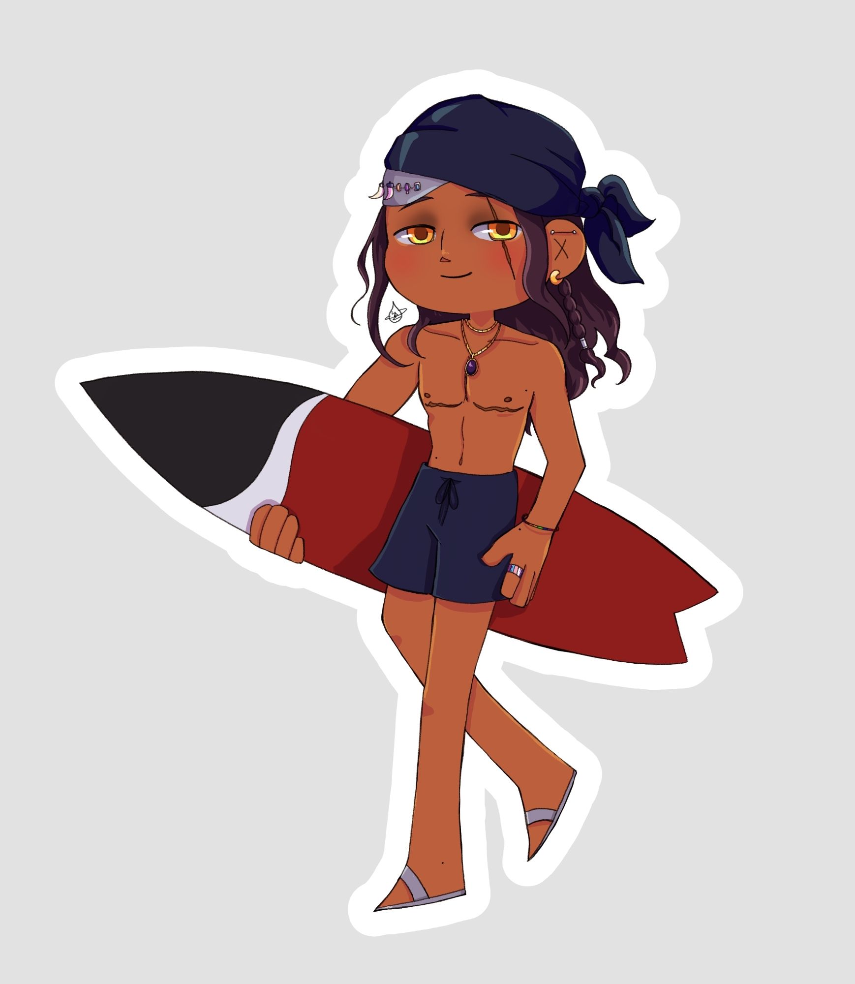 A hyur with light brown skin and top surgery scars holding a surf board