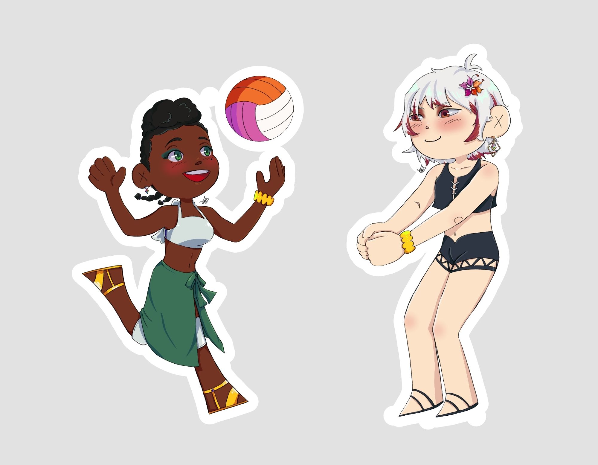 A black hyur woman playing volleyball with a taller pale hyur with white hair and red tips