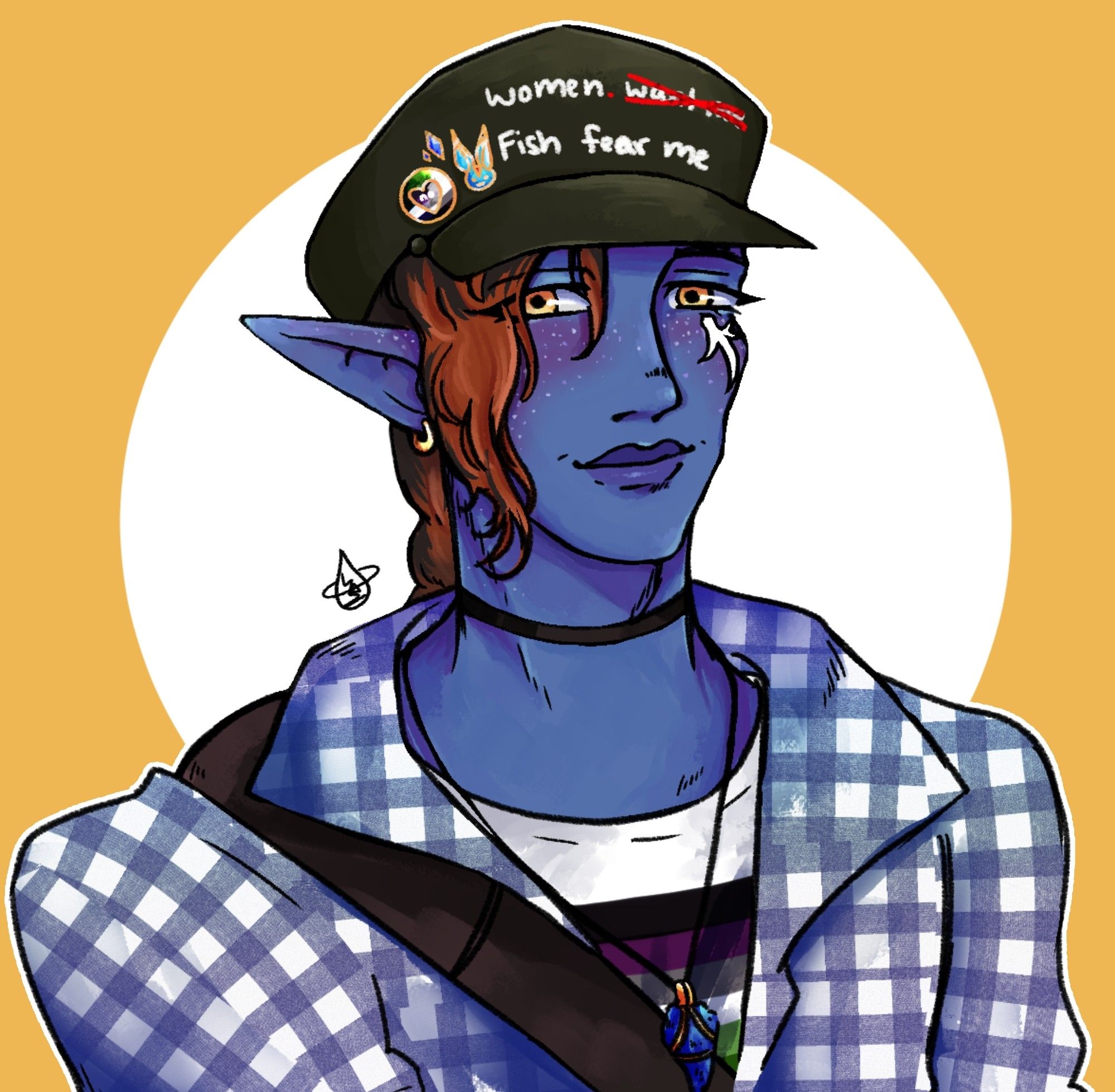 A blue elezen man in a blueish-grey flannel over a t-shirt with an aroace flag on it. He has light blue/white freckles, high cheekbones, and long dark hair with reddish highlights. He is wearing a hat that reads "Women. ['Want me' is crossed out in red] Fish fear me".