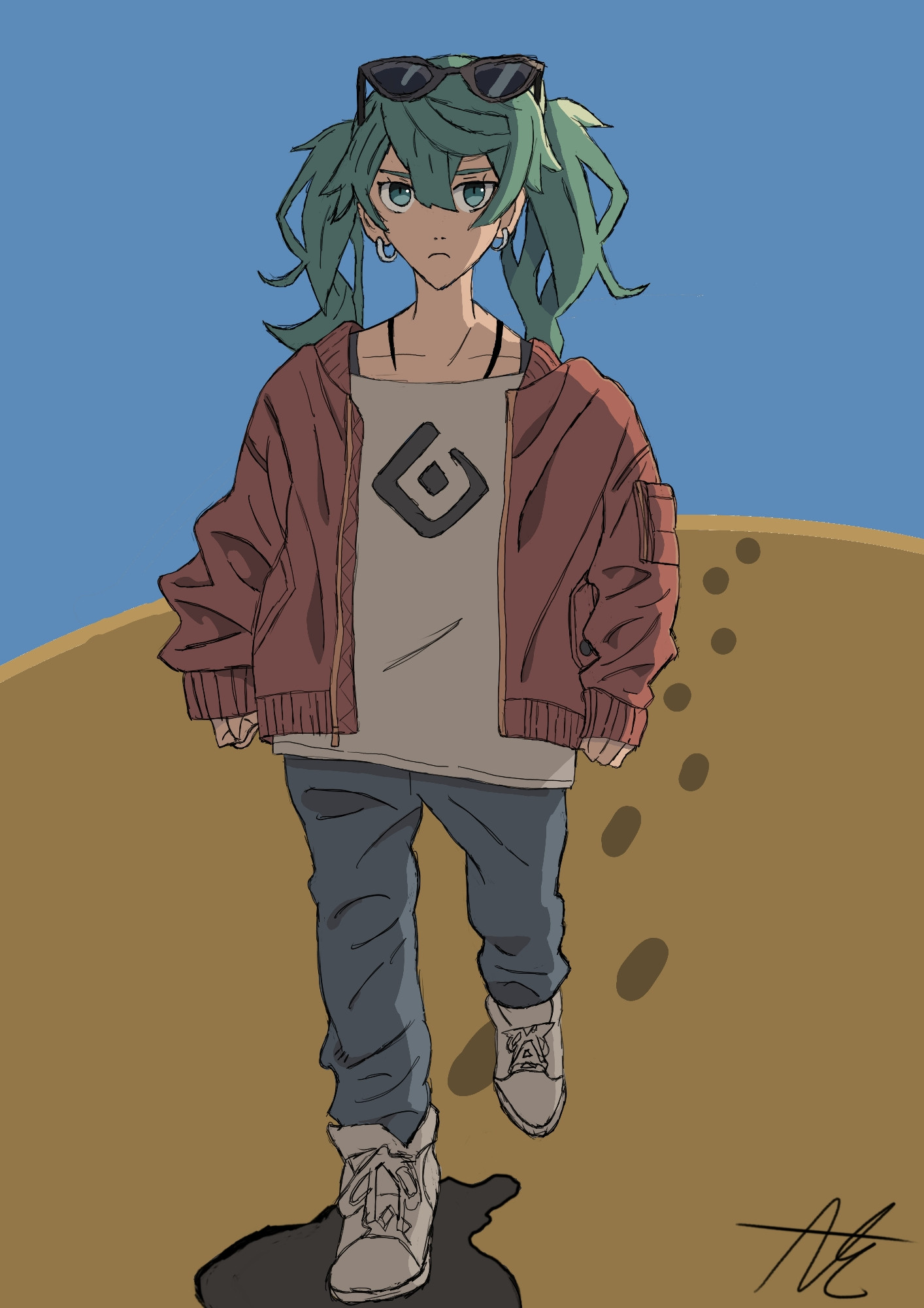 Hatsune Miku in her outfit from the Dune MV by Hatchi walking over a sand dune