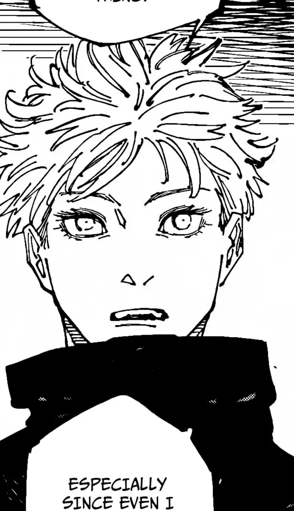 manga panel of gojo from chapter 261. he is looking straight ahead and has his mouth open to say something.