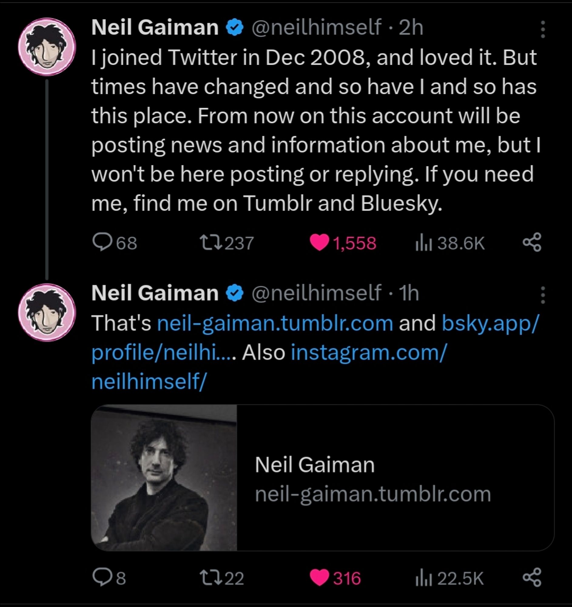 Twitter text in which Neil Gaiman states his intention to no longer post personally on Twitter but moving to Bluesky and Tumblr