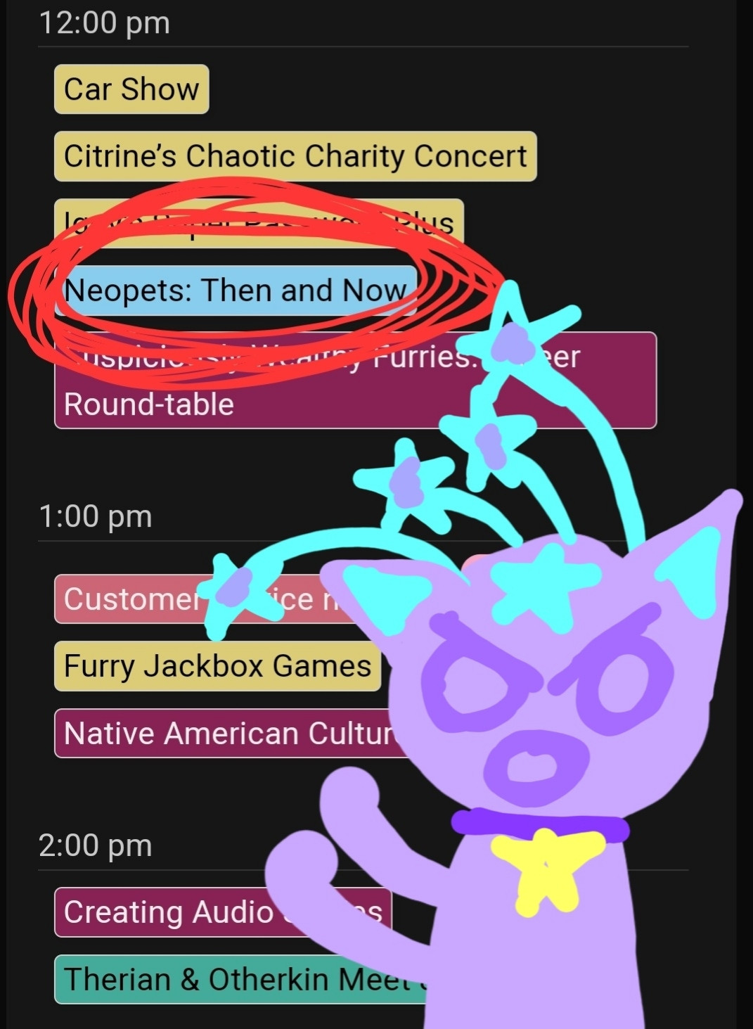 A screenshot of a furry convention panel lineup with one circled that says "Neopets: Then and Now" and a poorly doodled drawing of Nova Skystar