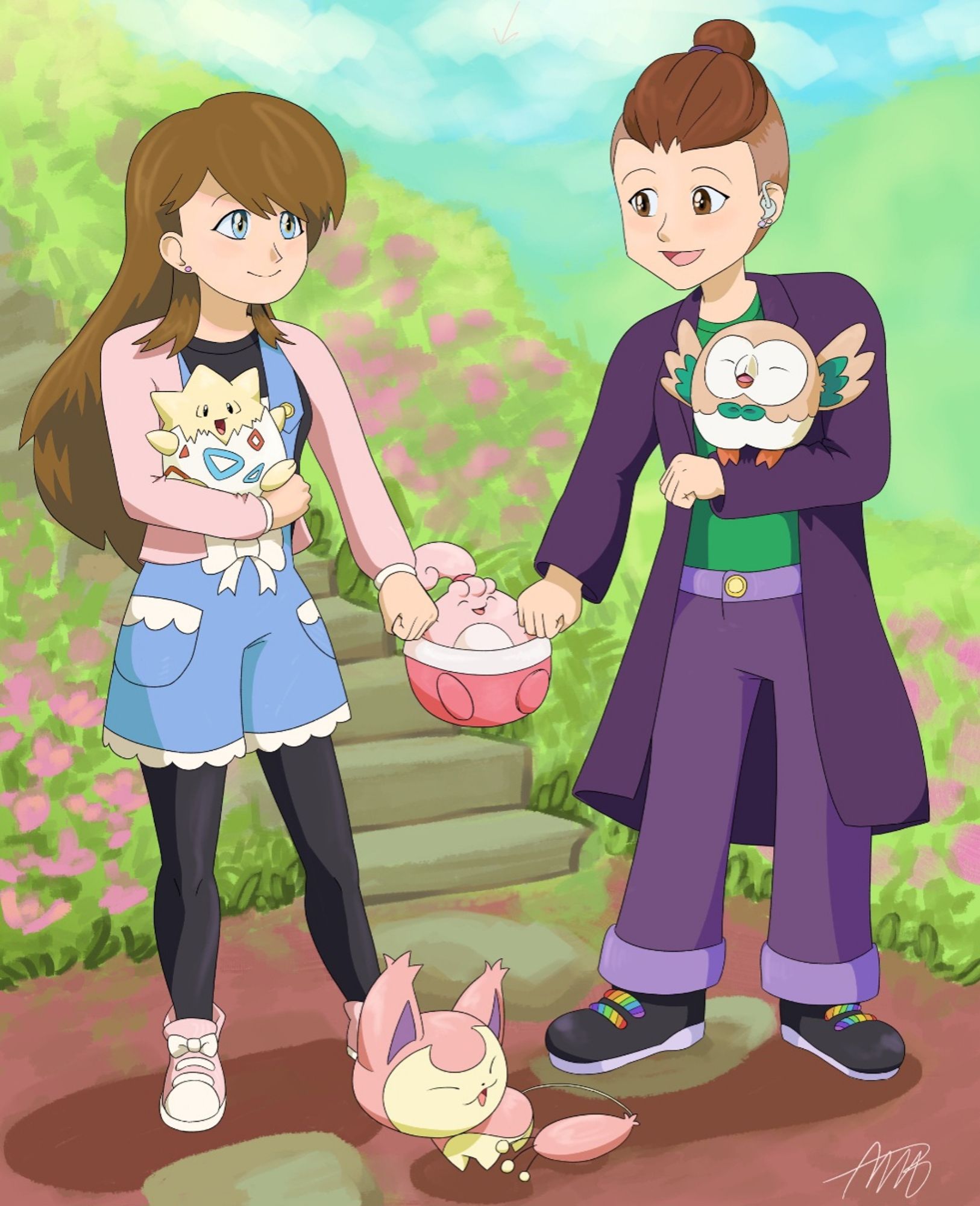 Cute anniversary art.
Tues is in her dungarees and pink jumper. Fae is holding Togepi in their right arm.
V is in their purple coat, green shirt, and purple trousers. They have a Rowlet perched on their left arm.
Tues is using faer left arm and V is using their right arm to hold onto Happiny's arms. Happiny is having fun being swung.
There is a Skitty in front of everyone.
The background shows pink and purple flowers with a set of stairs.