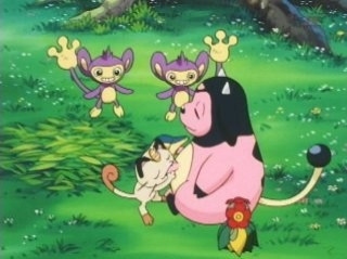 Old fooflybag pfp (Meowth and Cyndaquil on Miltank's Miltitties while 2 Aipom and a Bellossom watch)