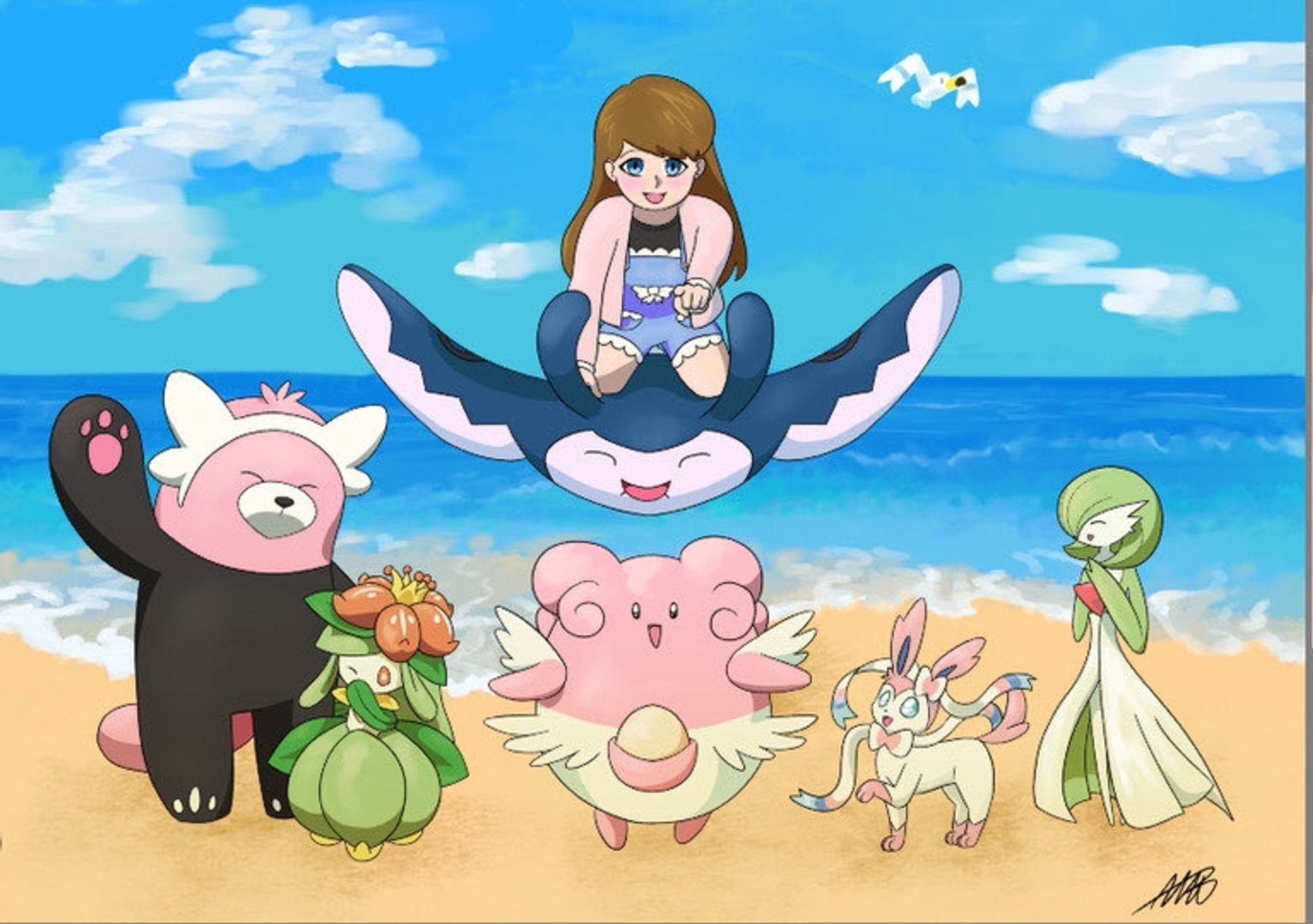 Tues' Pokemon team (fae is at the beach and riding a Mantine; Bewear is waving hello; Lilligant is winking while covering their mouth with a leaf hand; Blissey is jumping with her arms open, ready to hug; Sylveon is looking at Tuesy is awe; Gardevoir is happy to see how great everything is)