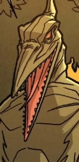 A cropped picture of Marvel's Sauron, from the page where he says "But I don't WANT to cure cancer. I WANT to turn people into dinosaurs."