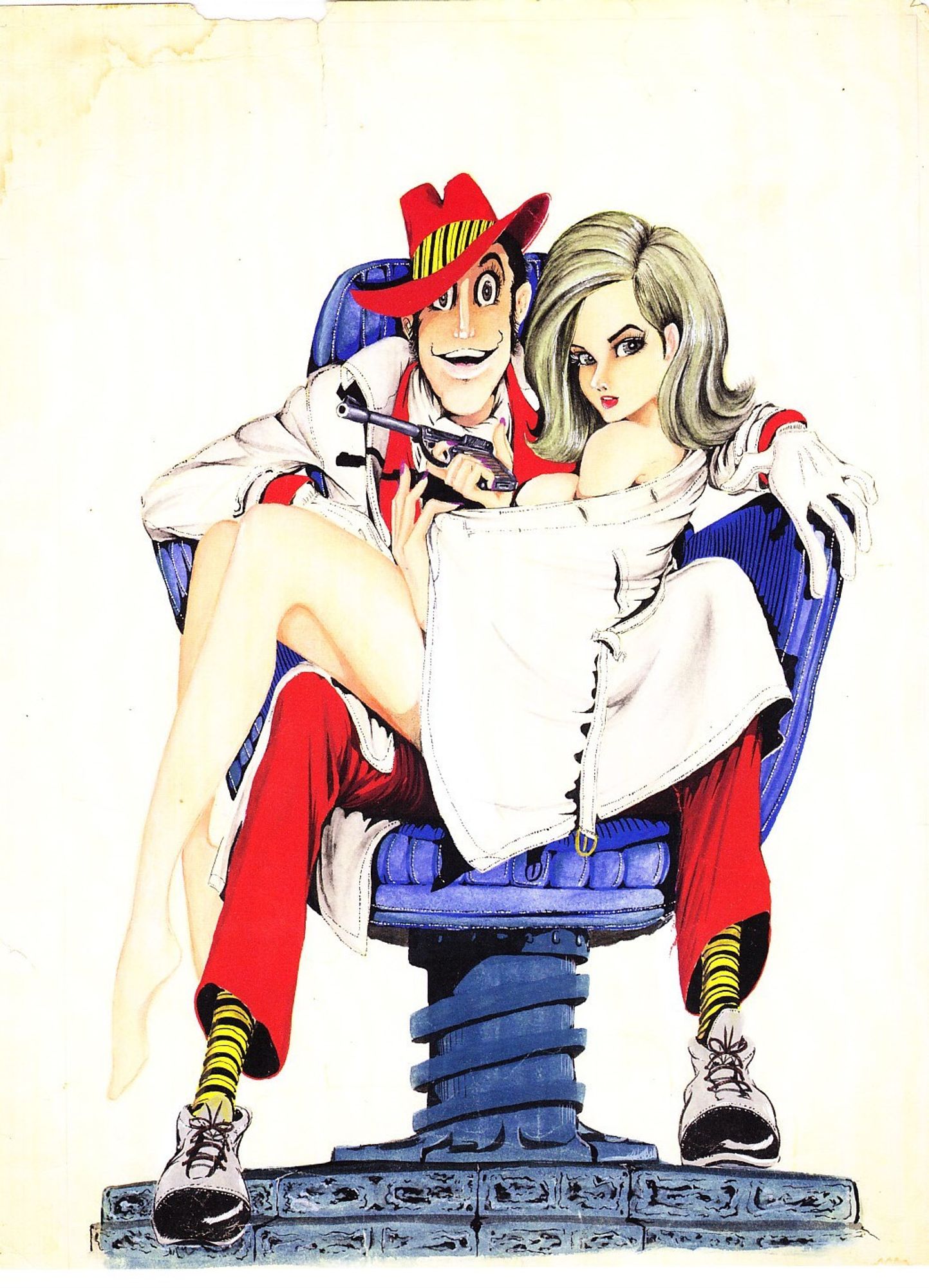 Une illustration couleur par Monkey Punch avec Lupin III en costume et chapeau rouge ainsi qu'un trenchcoat clair, assis sur un fauteuil bleu-violet tandis que Fujiko, nue et partiellement couverte par le trenchcoat est assises sur ses genoux, tenant dans une main un pistolet, autour de 1967-68