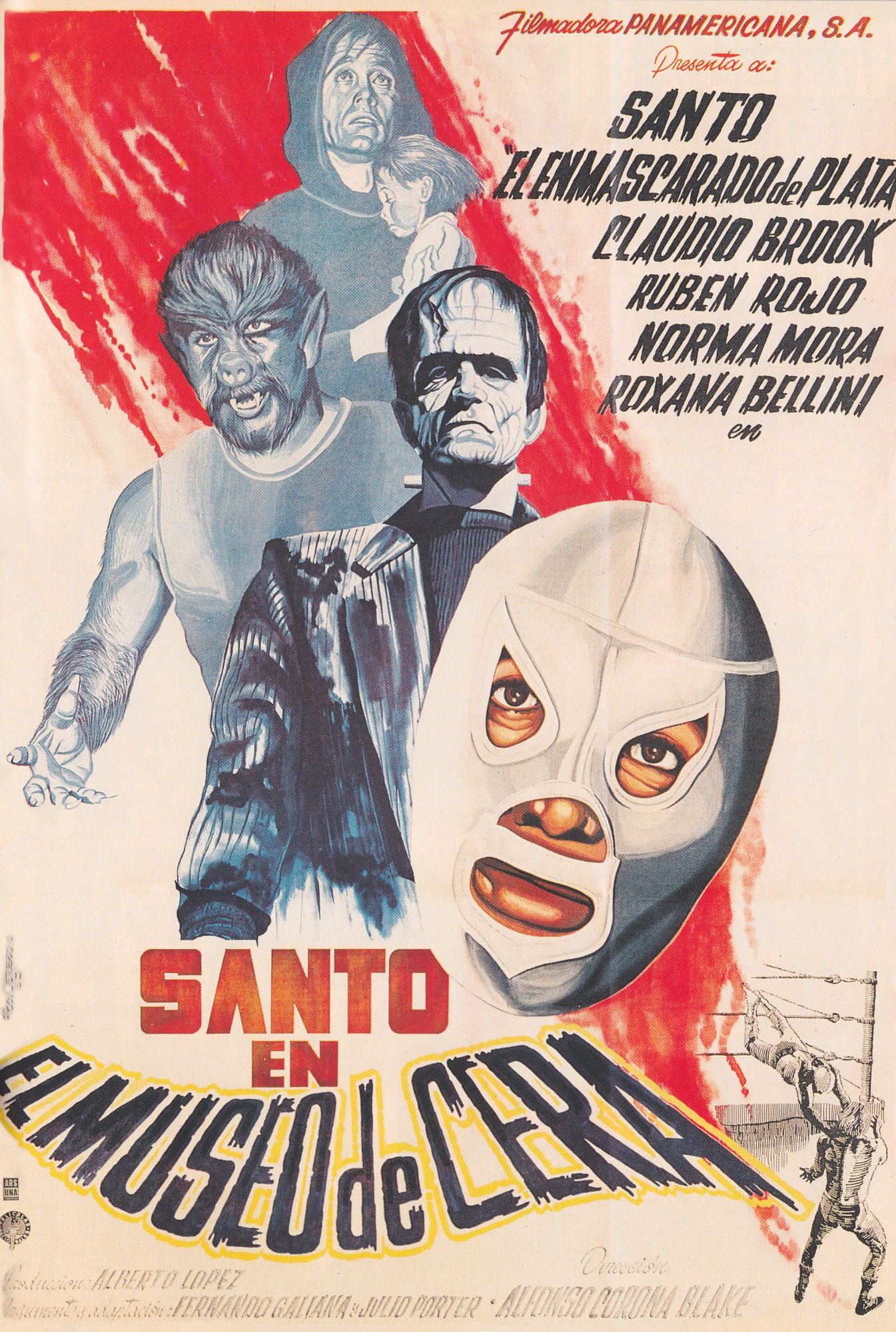 original poster for the 1963 movie Santo en El Museo de Cera, featuring the titular character's masked face, Frankenstein's monster, a wolfman in a sleeveless shirt, and a monk looking up while holding a small child in his arms. Bottom right we see two wrestlers fighting out of the ring