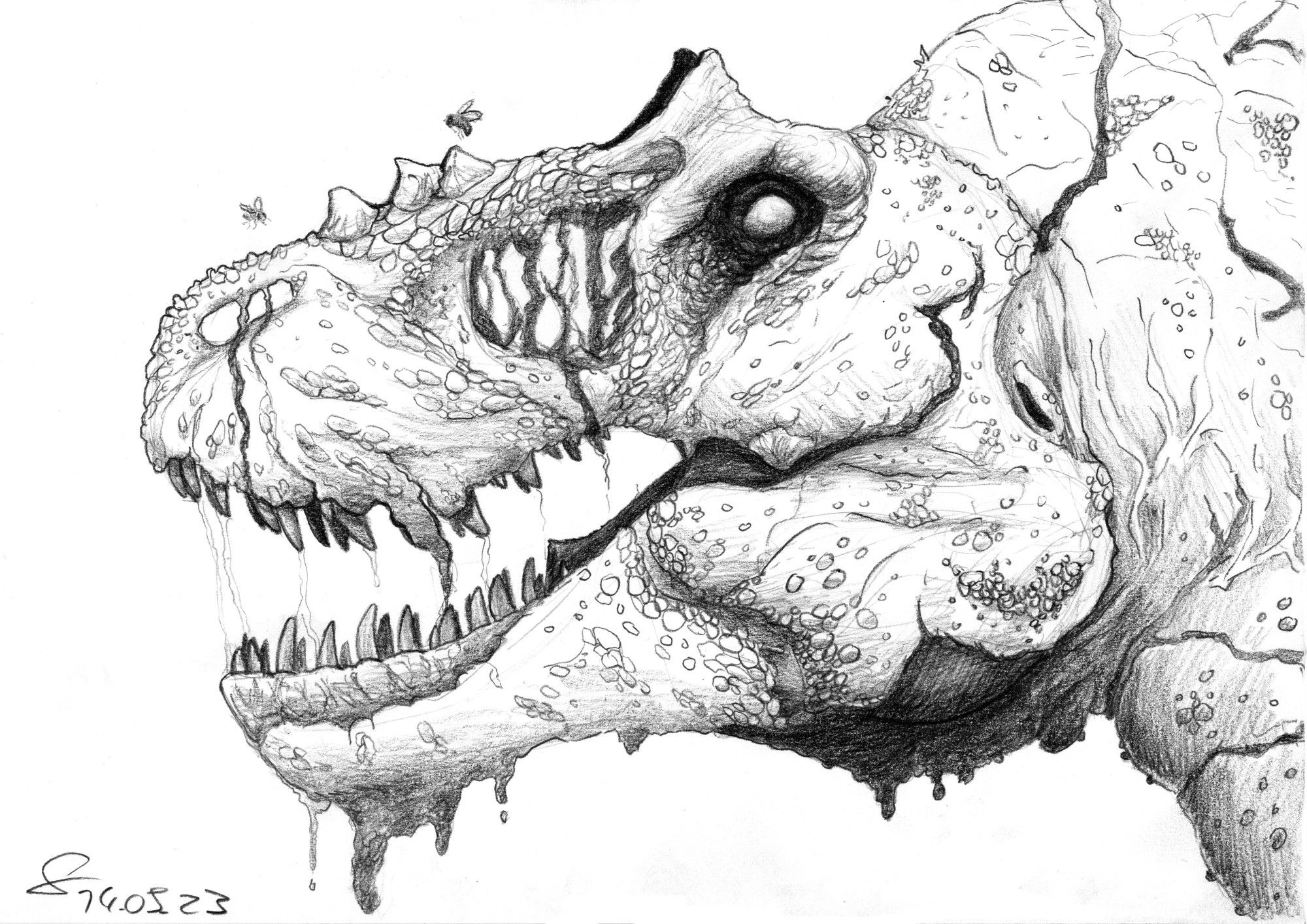 traditional sketch portrait of theropod dinosaur Teratophoneus in a zombified state, 2023, Guillaume Babey