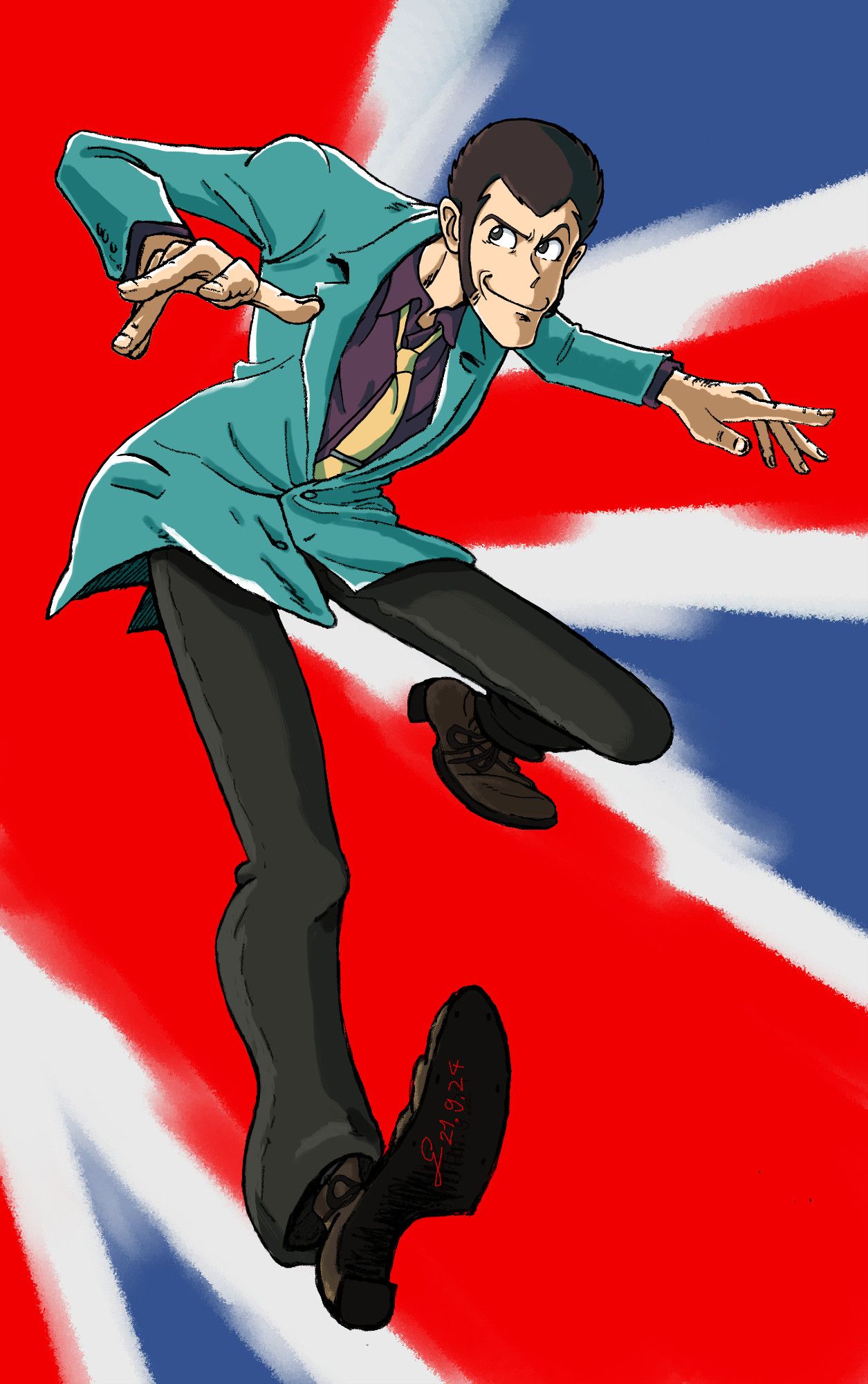 Manga/anime character Lupin the Third sporting a green jacket, purple shirt, yellow tie, dark pants and shoes, and stepping dynamically towards the viewer while a stylised Union Jack spreads in the background, 2022-2024, Guillaume Babey