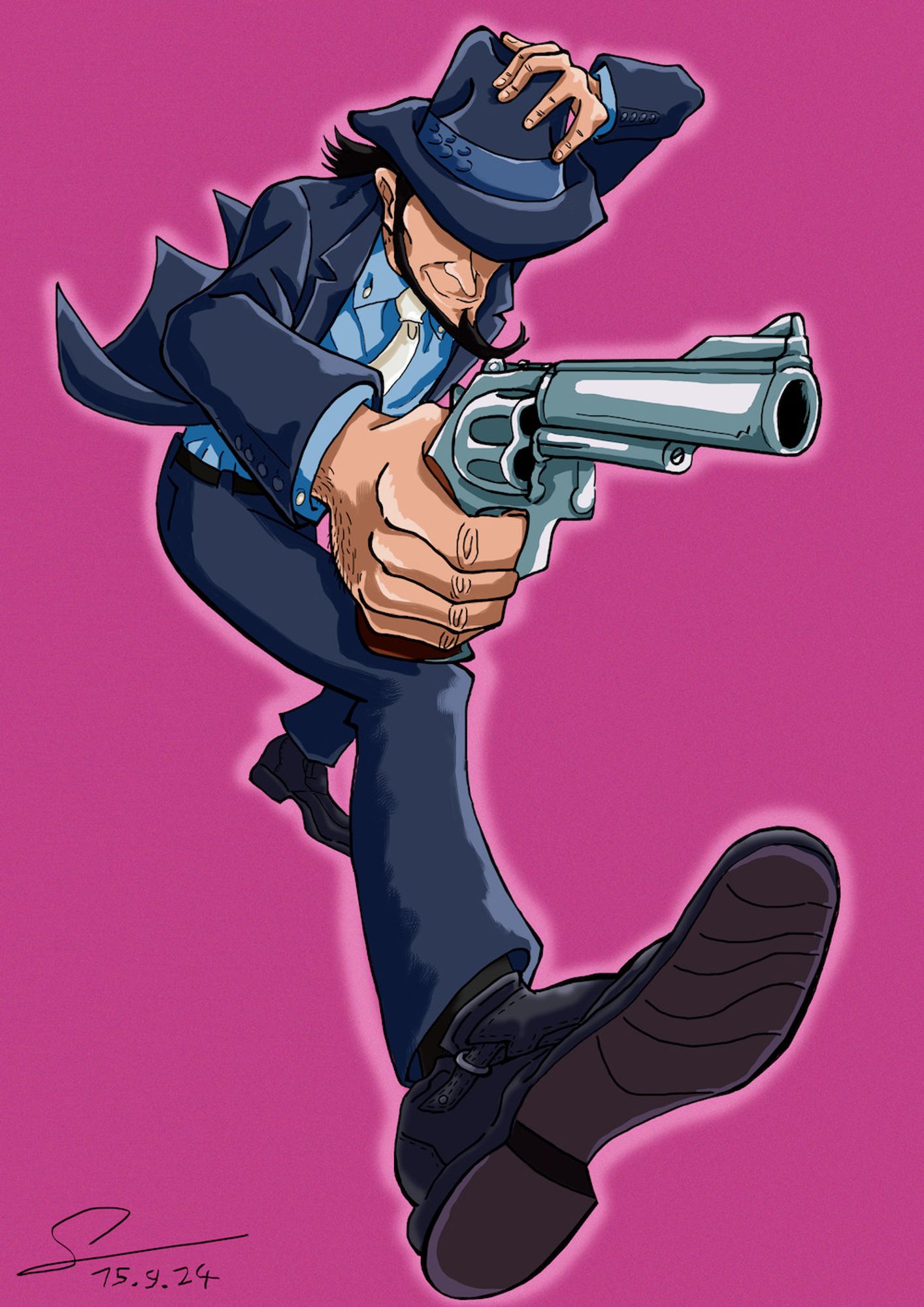 digitally inked and colored sketch of manga/anime character Jigen Daisuke from Lupin the Third, holding a revolver in his left hand while holding his hat with the other, Guillaume Babey, 2024