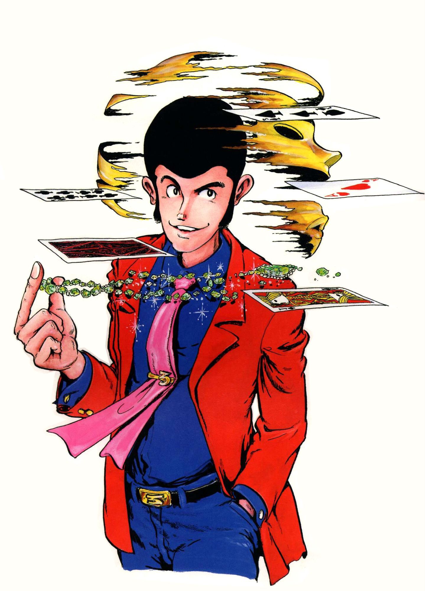 Lupin III portant veste rouge, cravate rose et chemise+pantalon bleu, un masque jaune se déchirant autour de sa tête tandis que 5 cartes à jouer traversent en horizontale, et que de la main droite Lupin tient un collier de joyaux verts se délitant, circa 1990, Monkey Punch