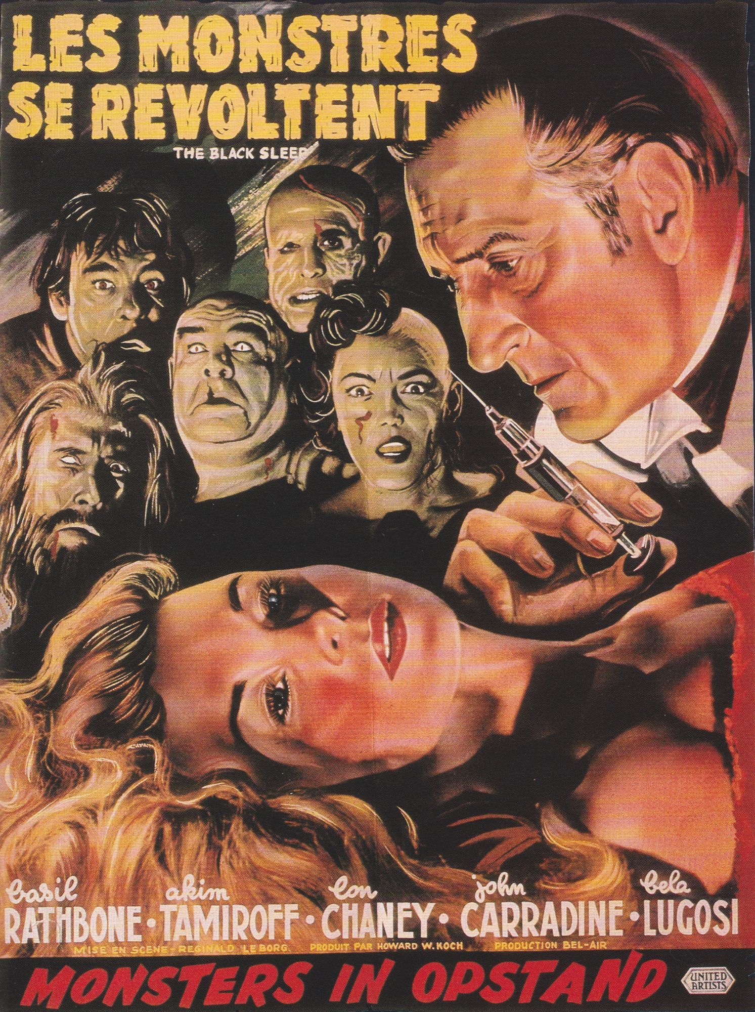 Belgian bilingual movie poster for Reginald Le Borg's The Black Sleep from 1956. It shows Basil Rathbone as a mad scientist ready to inject something to a half-conscious blond woman with a hypodermic needle. A collage of cast members stares at them in the back, including Lon Chaney Jr, John Carradine, and Tor Johnson.