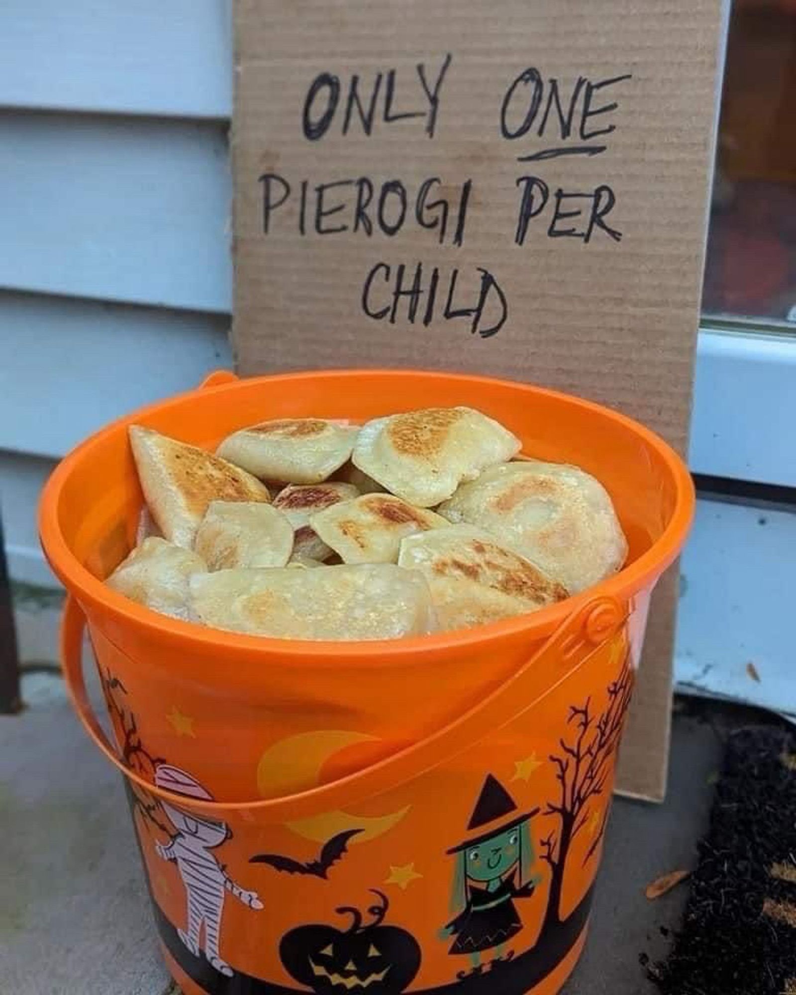 Halloween bucket of pierogis “only 1 pierogi per child”