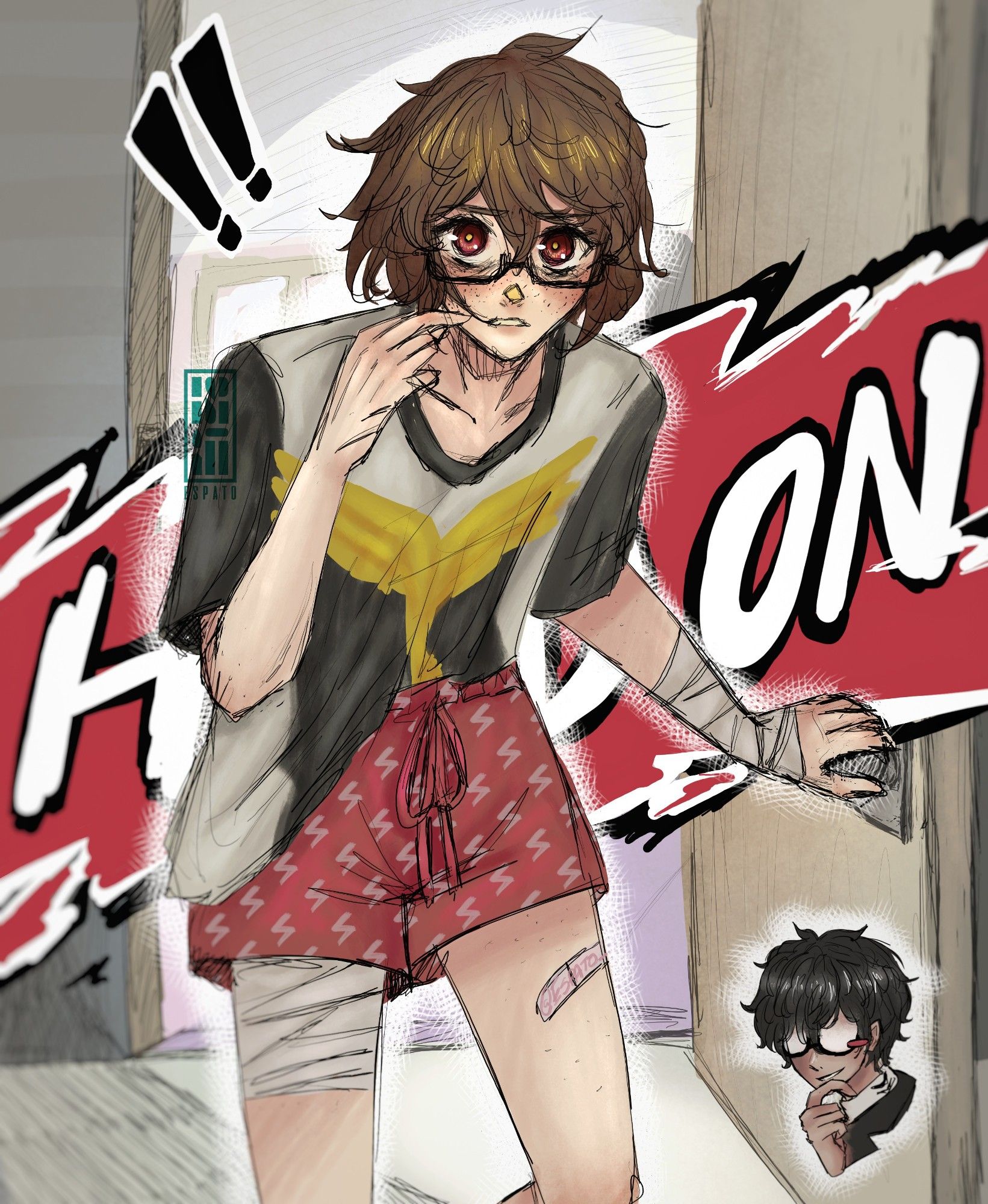 A drawing with sloppy lines and loose coloring showing Goro Akechi (Persona 5) leaving his apartment with a disheveled appearance: No makeup showing his freckles, glasses, disheveled hair, Featherman shirt, shorts with lightning bolt drawings and bandages on one of his legs and arms, looking surprised and embarrassed while in a corner of the image the protagonist of Persona 5 watches him with a smile.