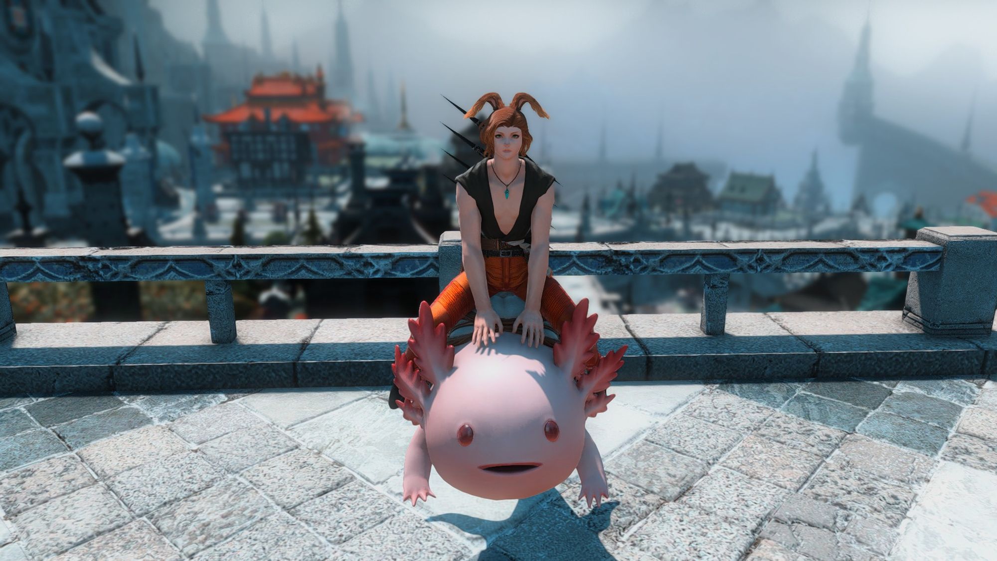 Eirik Toskr, a white Viera man with orange-brown hair sits straddled atop a giant axolotl mount in the game Final Fantasy 14. He's wearing a black sleeveless top with a deep V in the front, and metallic orange leather trousers.