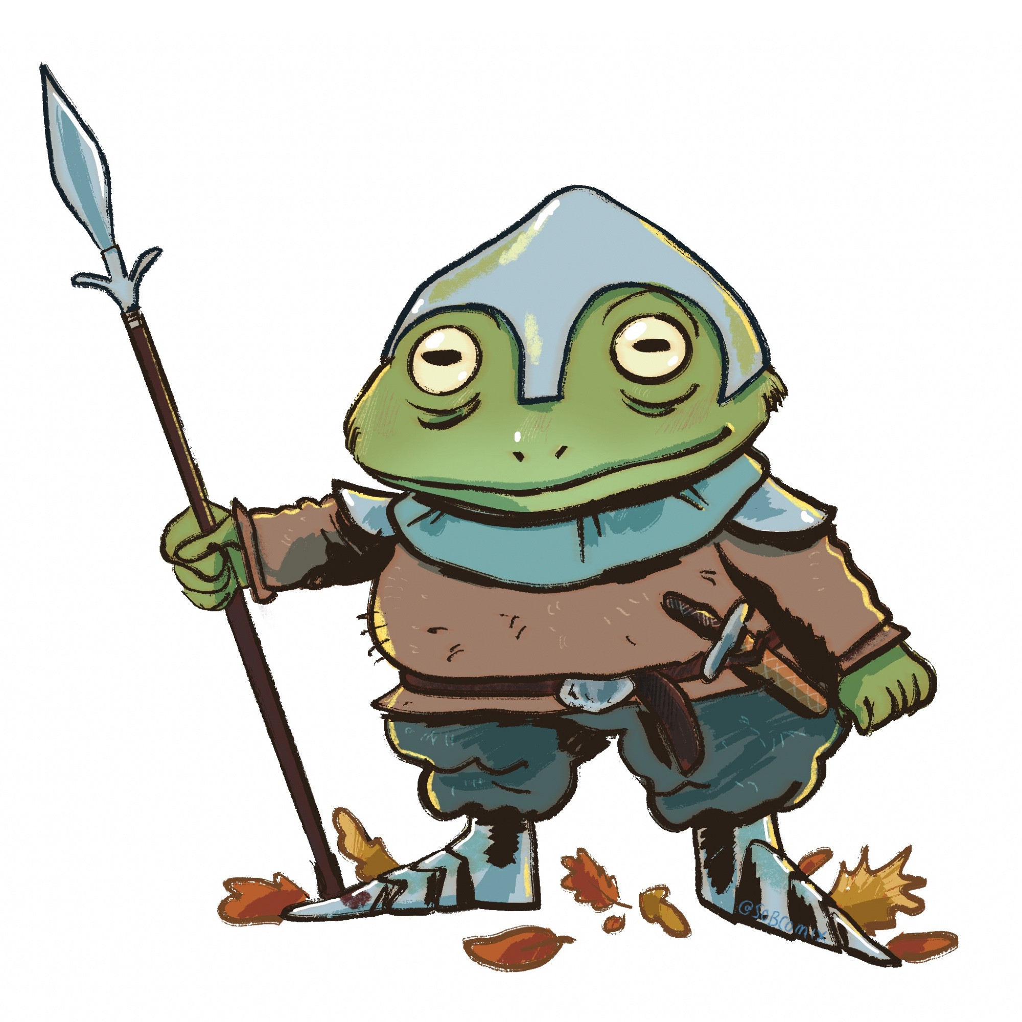 An illustration of a frog guard, holding a spear. He is standing among fall leaves. He's wearing an armour helmet, shoulder pads and boots, the rest of his outfit is fall colours and cloth. He has a little dagger on his belt.