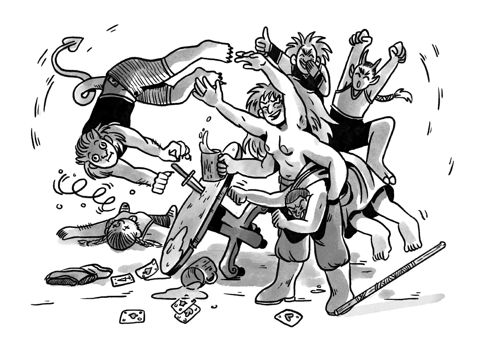 Black and white illustration from the inside of a book, depicting a tavern fight between a drunk multi-armed barbarian woman and various fantasy creatures. The atmosphere is fun.