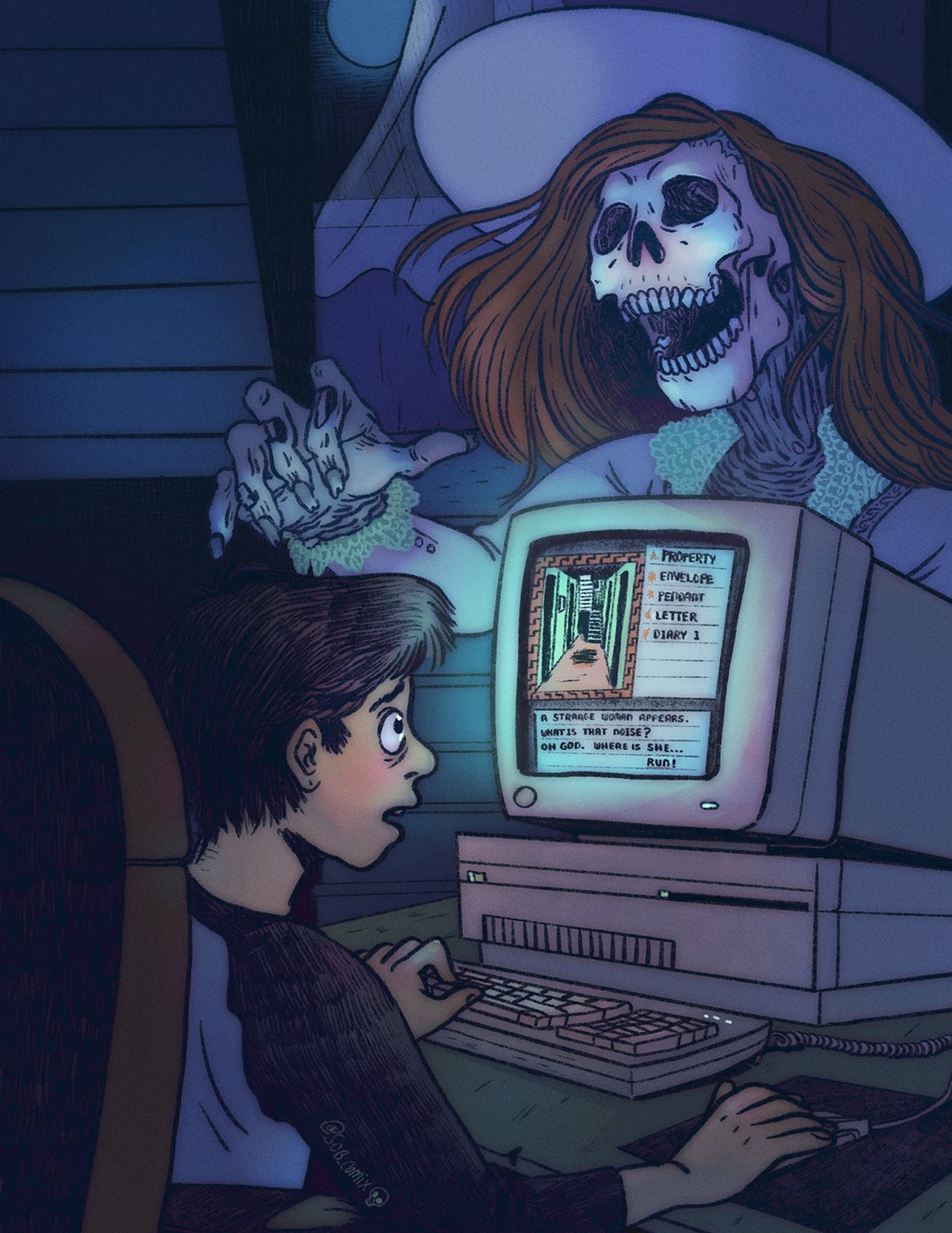 Illustration in colour of a boy playing an old video game, looking terrified. The villain from the game, a skeletal woman, is reaching over the computer towards him.