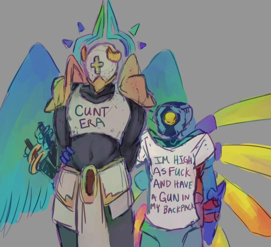 Archangel Gabriel and V1 from UltraKill, standing next to each other, V1 being shorter and has its arm wrapped around Gabriel's waist. Gabriel is wearing a crop top shirt that says "cunt era" and V1 is wearing a loose t-shirt that says "I'm high as fuck and have a gun in my backpack"