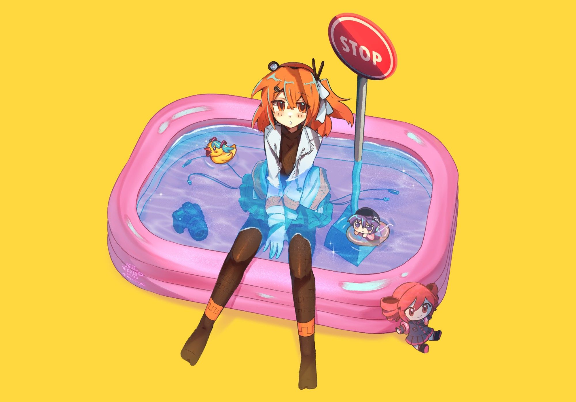 Adachi Rei in a pink pool. There's a camera and a traffic sign in this same pool.