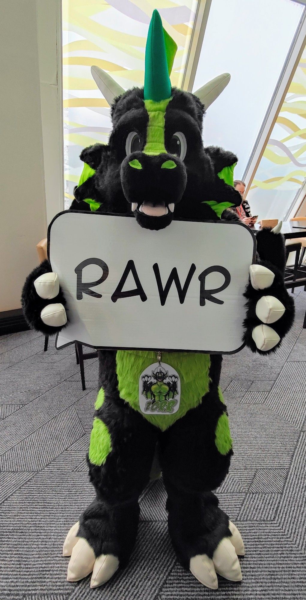 Cute fluffy fursuiters! This picture has Zorr the dragon, holding a sign that says "RAWR"