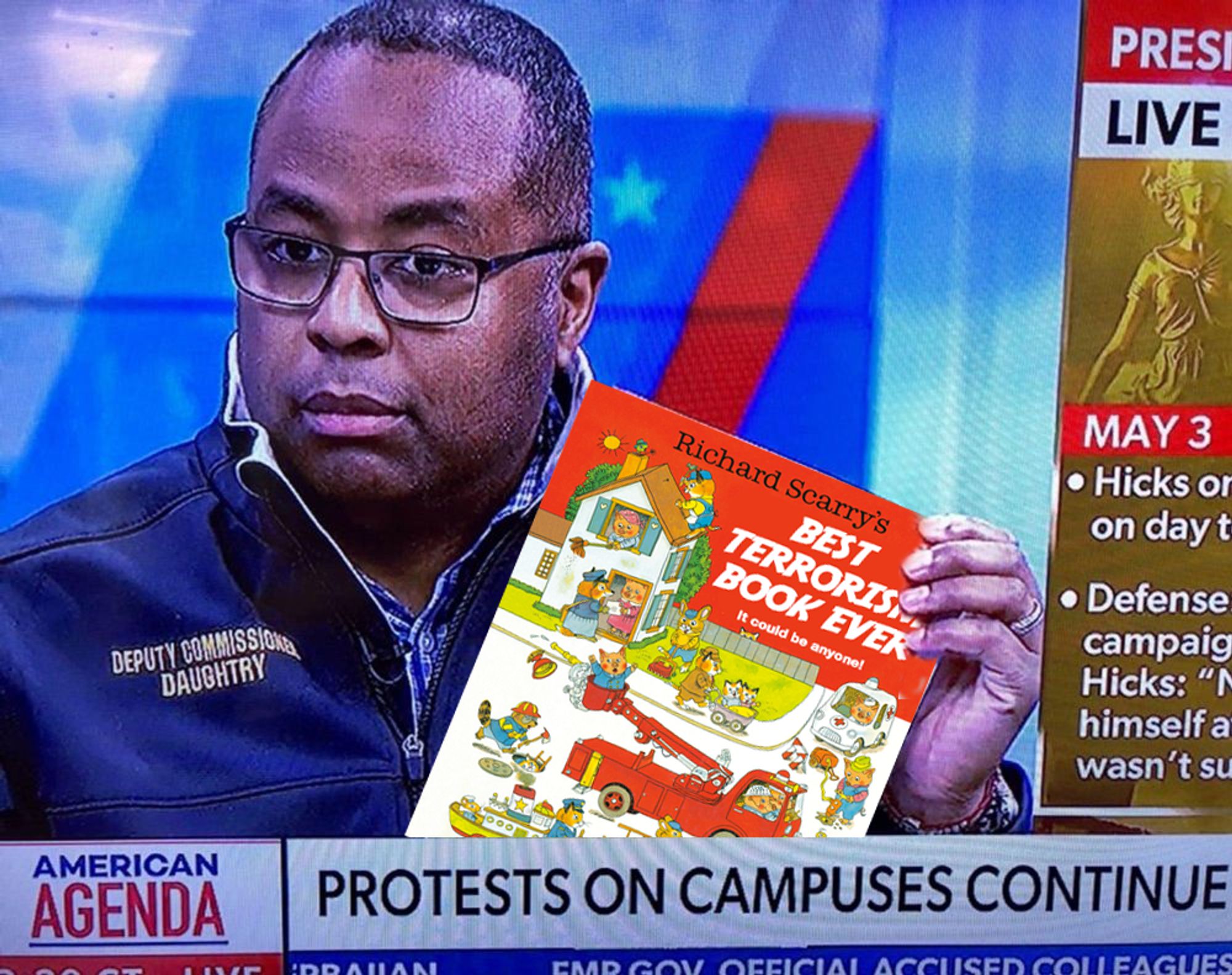 screen shot from american agenda with NYPD deputy commissioner daughtery holding a copy of richard scarry's best terrorism book ever book